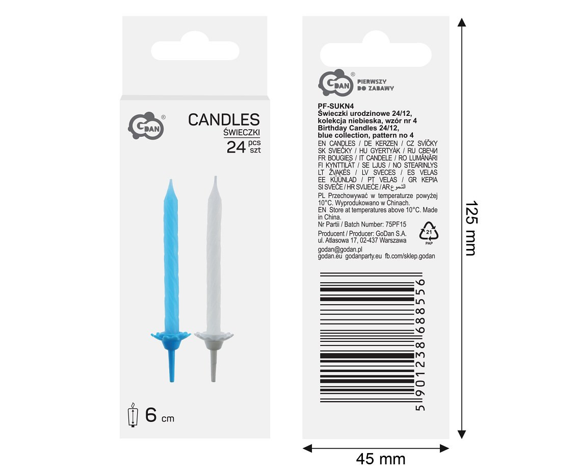 Birthday Candles 24/12, blue collection, pattern no 4, 7,5 cm